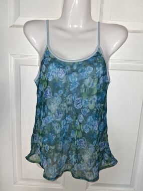 Vintage Y2k Blue Floral Sheer Spaghetti-Strap Women's Top